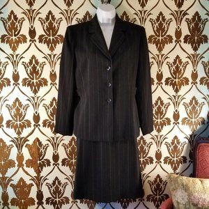 KASPER Petites 2-Pc.Skirt/Blazer Jacket Suit Black Green Pinstripe 6P Womens EUC